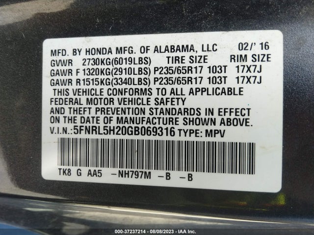 Honda ODYSSEY LX 2016 5FNRL5H20GB069316 Image 9
