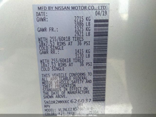 5N1DR2MMXKC626037 Nissan Pathfinder Sv
