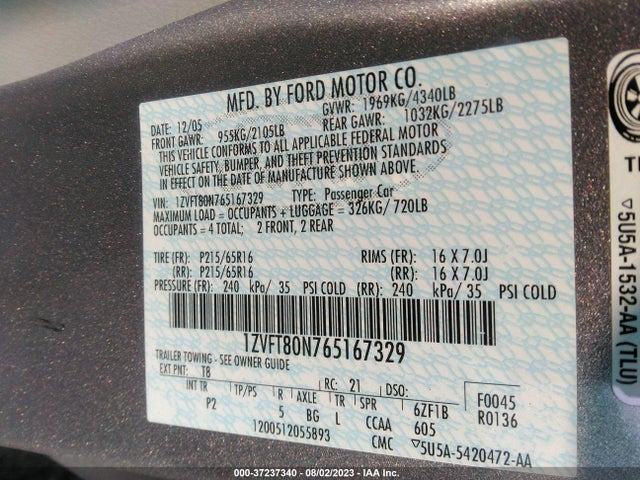 2006 FORD MUSTANG STANDARD/DELUXE/PREMIUM VIN: 1ZVFT80N765167329