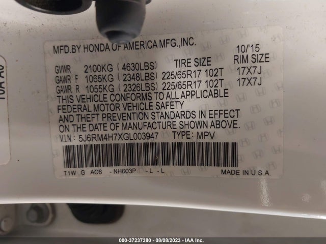 Honda Cr-v Ex-l 2016 5J6RM4H7XGL003947 Image 9
