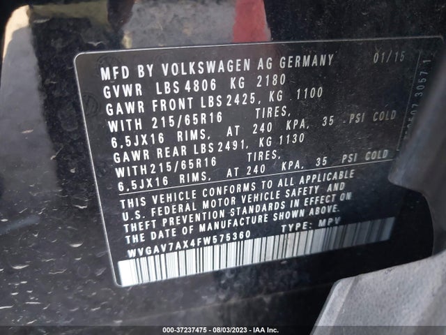WVGAV7AX4FW575360 Volkswagen TIGUAN S