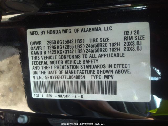 5FNYF6H77LB049854 Honda Pilot Black Edition