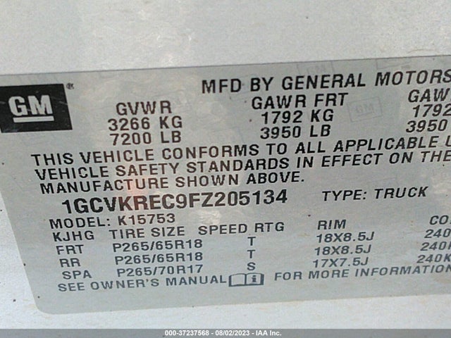 2015 CHEVROLET SILVERADO 1500 LT VIN: 1GCVKREC9FZ205134