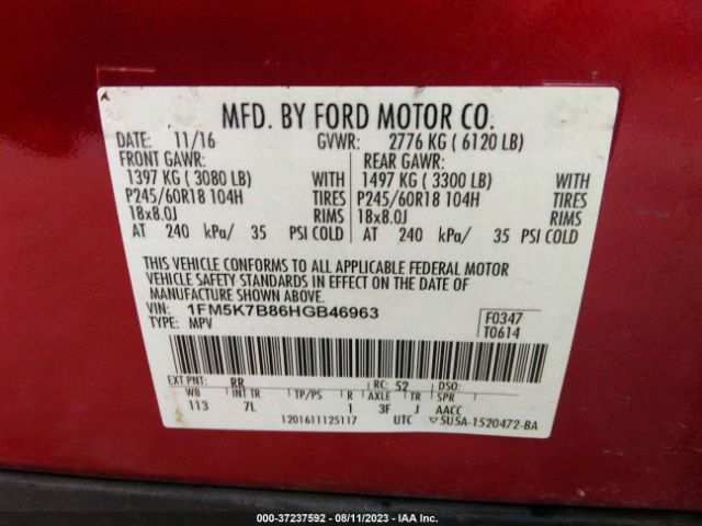 1FM5K7B86HGB46963 Ford Explorer Base
