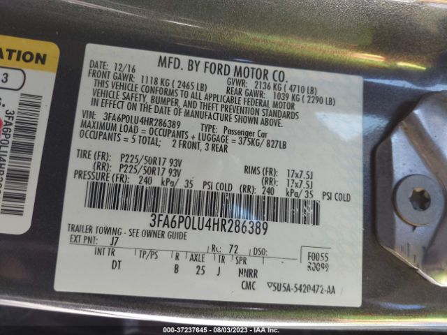 3FA6P0LU4HR286389 Ford Fusion Hybrid Se
