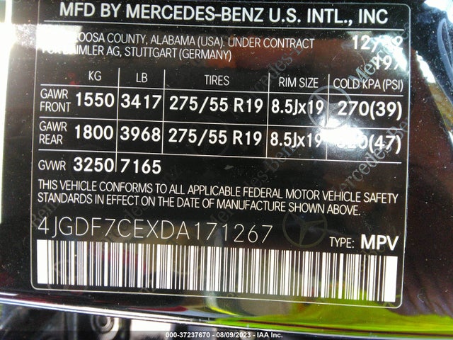 2013 MERCEDES-BENZ GL-CLASS GL 450 VIN: 4JGDF7CEXDA171267