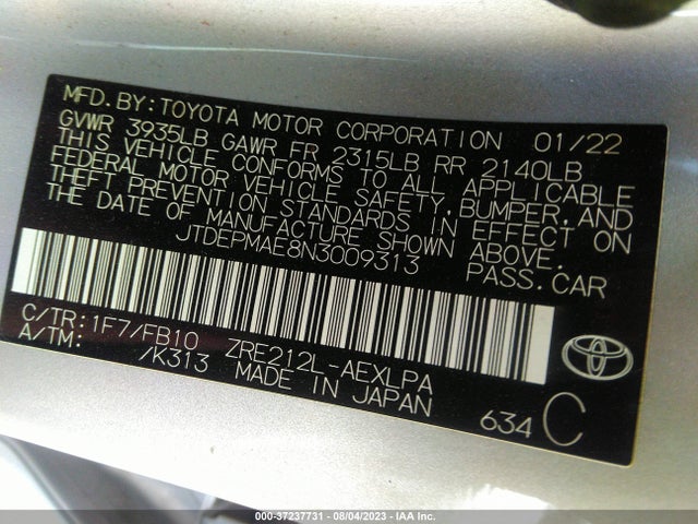 2022 TOYOTA COROLLA LE VIN: JTDEPMAE8N3009313