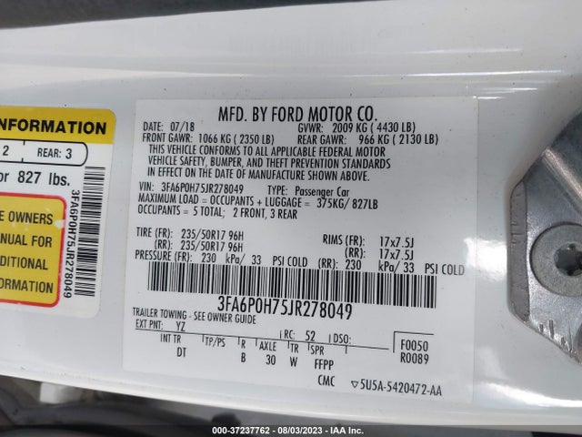 Ford FUSION SE 2018 3FA6P0H75JR278049 Image 16