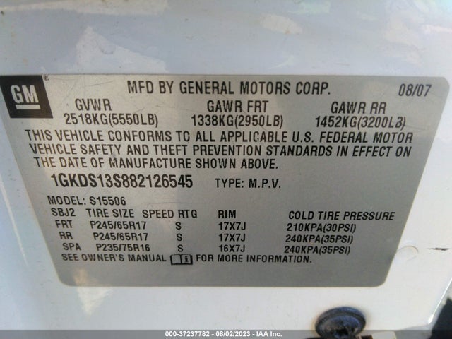 2008 GMC ENVOY SLE2 VIN: 1GKDS13S882126545