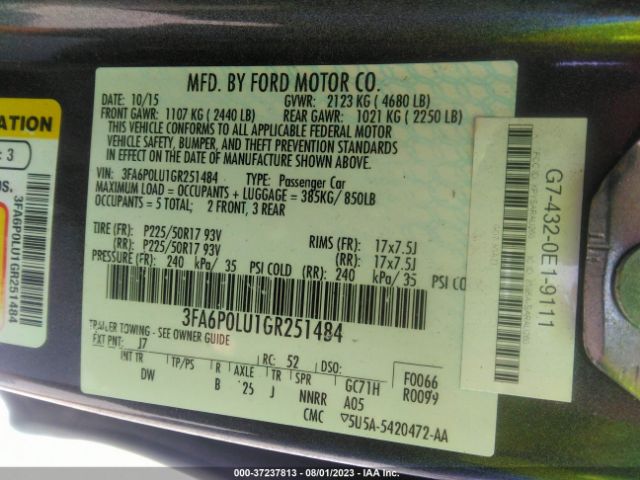 3FA6P0LU1GR251484 Ford Fusion Se Hybrid