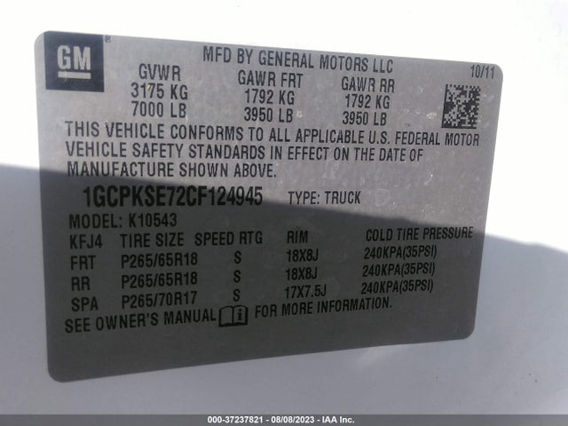 2012 CHEVROLET SILVERADO 1500 LT VIN: 1GCPKSE72CF124945