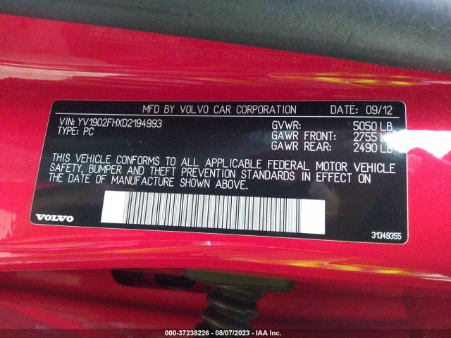 2013 VOLVO S60 T6 VIN: YV1902FHXD2194993