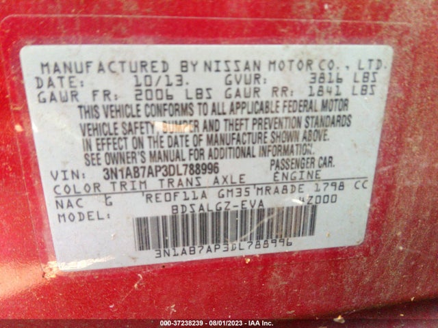 2013 NISSAN SENTRA SL VIN: 3N1AB7AP3DL788996