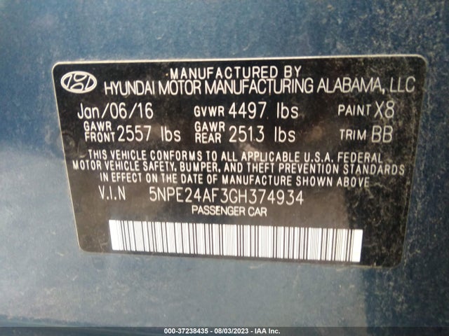 2016 HYUNDAI SONATA 2.4L SE VIN: 5NPE24AF3GH374934