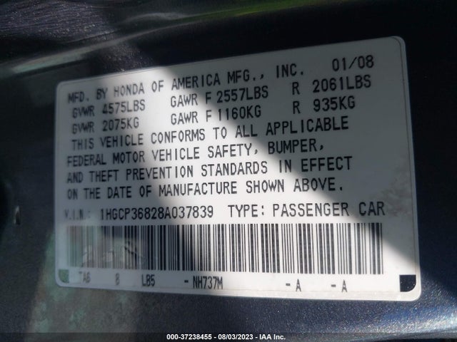 2008 HONDA ACCORD SDN EX-L VIN: 1HGCP36828A037839