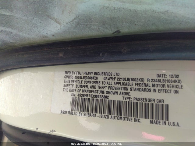 2003 SUBARU LEGACY WAGON OUTBACK VIN: 4S3BH675X36632382