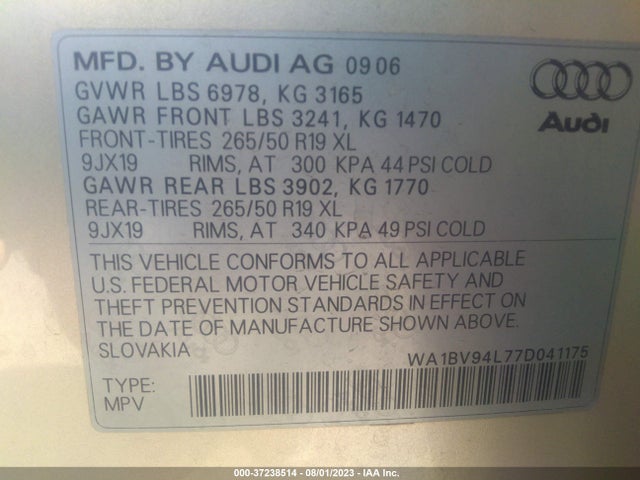 2007 AUDI Q7 PREMIUM VIN: WA1BV94L77D041175