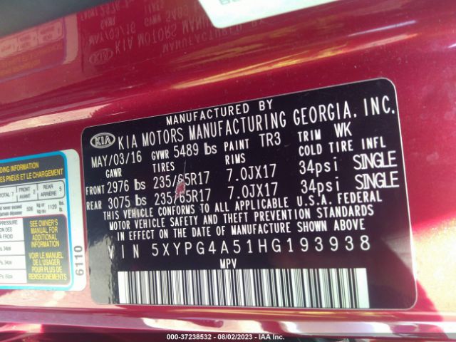 5XYPG4A51HG193938 KIA Sorento Lx V6