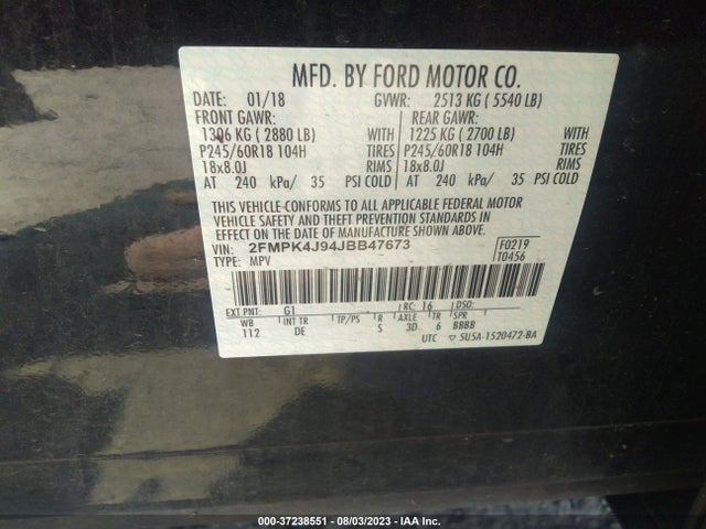 2018 FORD EDGE SEL VIN: 2FMPK4J94JBB47673