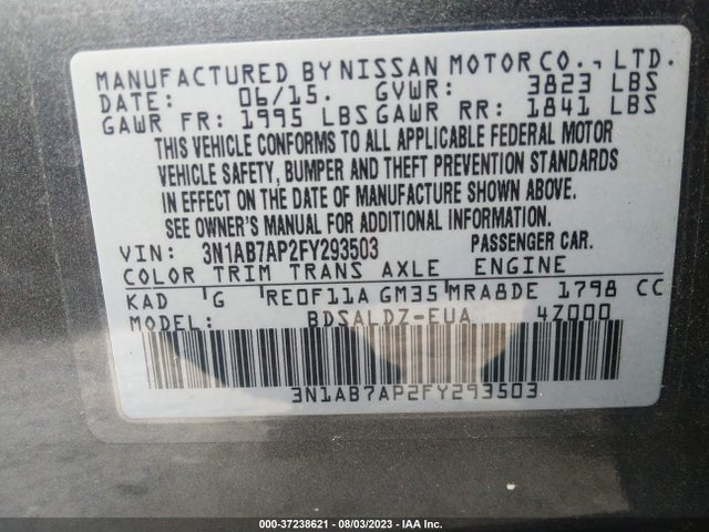 2015 NISSAN SENTRA SV VIN: 3N1AB7AP2FY293503