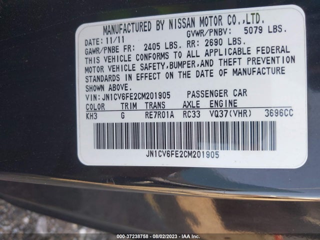 37238758 :رقم المزاد ، JN1CV6FE2CM201905 vin ، 2012 Infiniti G37 Convertible Base مزاد بيع