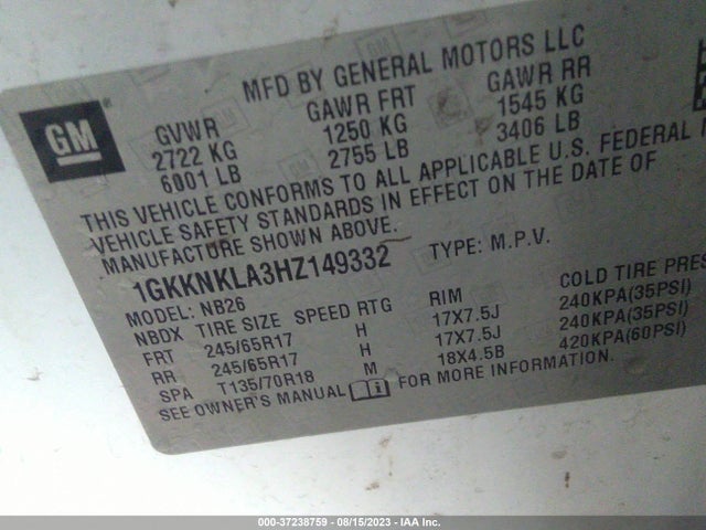 1GKKNKLA3HZ149332 GMC ACADIA SLE