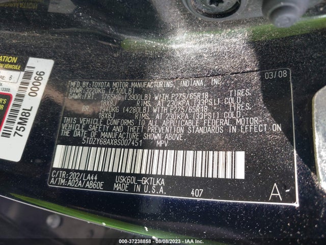 2008 TOYOTA SEQUOIA LTD VIN: 5TDZY68AX8S007451