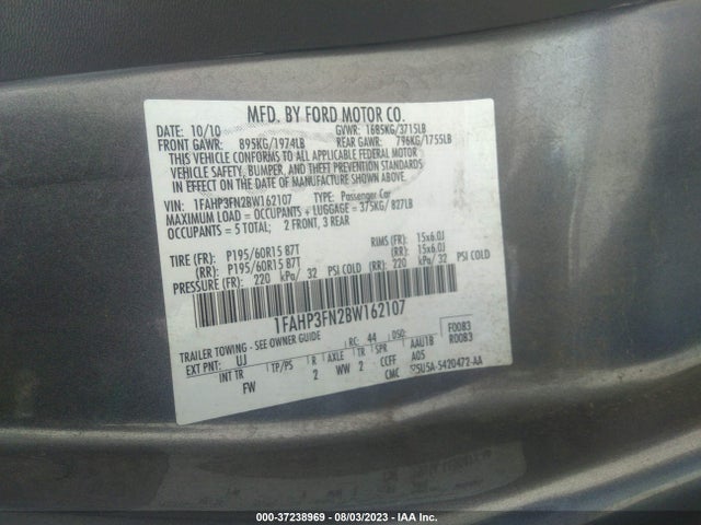 2011 FORD FOCUS SE VIN: 1FAHP3FN2BW162107