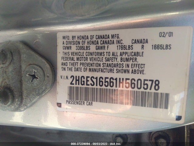 2001 HONDA CIVIC LX VIN: 2HGES16561H560578