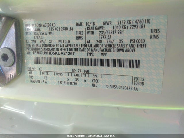 Ford ESCAPE SEL 2019 1FMCU9HD5KUA21267 Image 9