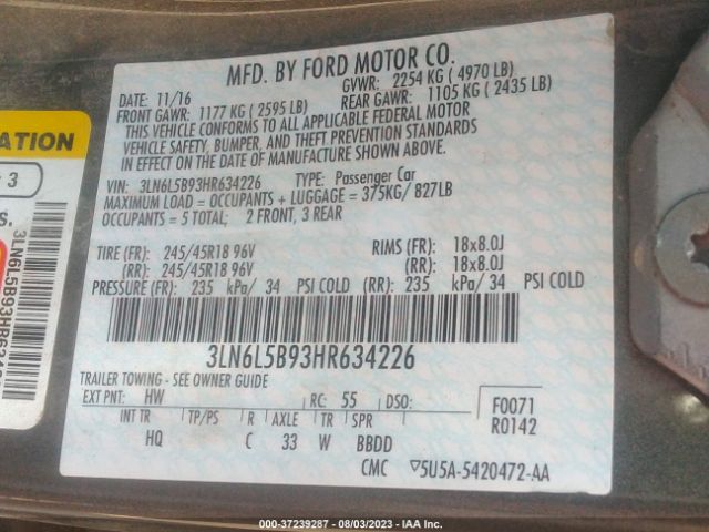 3LN6L5B93HR634226 Lincoln Mkz Premiere