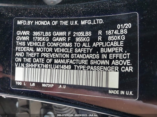Honda Civic Hatchback Ex 2020 SHHFK7H61LU414849 Image 9
