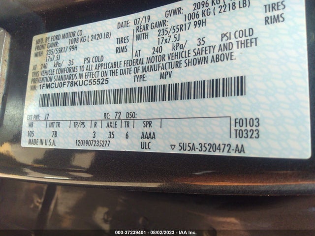 Ford ESCAPE S 2019 1FMCU0F78KUC55525 Image 9