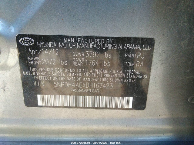 2013 HYUNDAI ELANTRA LIMITED PZEV VIN: 5NPDH4AEXDH167423