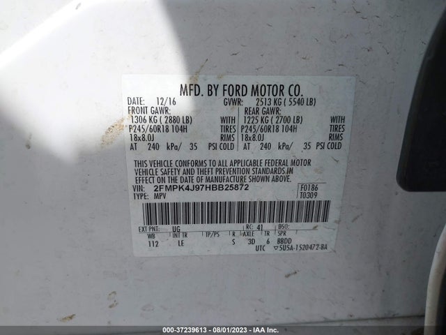 2017 FORD EDGE SEL VIN: 2FMPK4J97HBB25872