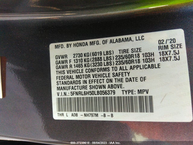 2020 HONDA ODYSSEY EX VIN: 5FNRL6H50LB056379