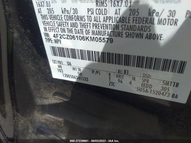 2006 MAZDA TRIBUTE S VIN: 4F2CZ06106KM05579
