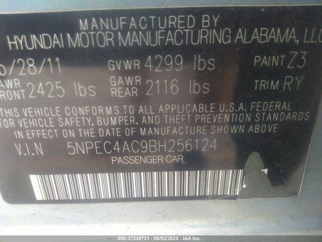 2011 HYUNDAI SONATA SE VIN: 5NPEC4AC9BH256124