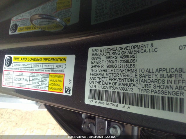 2021 HONDA ACCORD SEDAN EX-L VIN: 1HGCV1F50MA093773