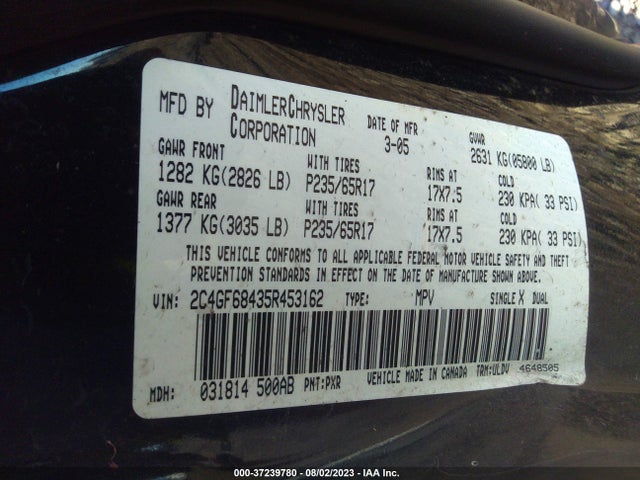 2005 CHRYSLER PACIFICA TOURING VIN: 2C4GF68435R453162