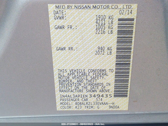 2014 NISSAN ALTIMA 2.5 S VIN: 1N4AL3AP1EN349435