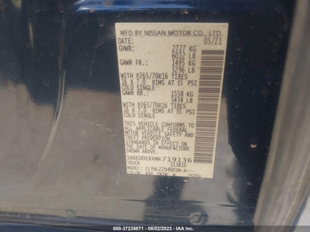 2021 NISSAN FRONTIER SV VIN: 1N6ED0EBXMN719136