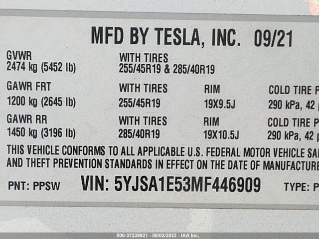 Tesla Model S Long Range 2021 5YJSA1E53MF446909 Image 9