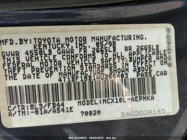 1998 TOYOTA AVALON XL/XLS VIN: 4T1BF18B1WU266403