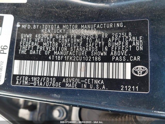 2012 TOYOTA CAMRY L/LE/SE/XLE VIN: 4T1BF1FK2CU102186