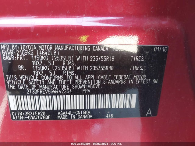 2016 TOYOTA RAV4 LIMITED VIN: 2T3DFREV9GW442354