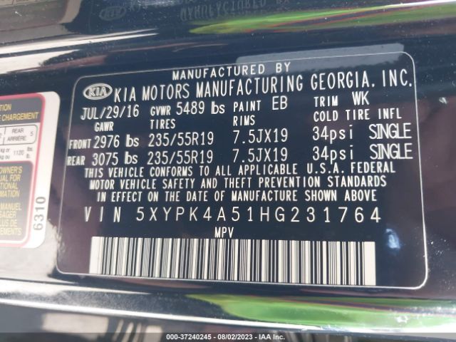 5XYPK4A51HG231764 KIA Sorento Sx V6