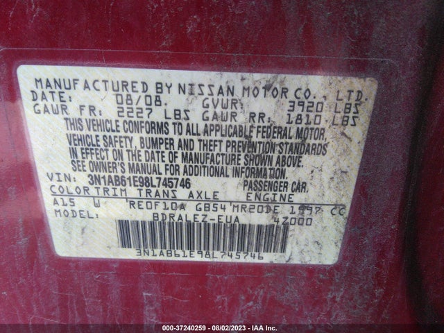 2008 NISSAN SENTRA 2.0 S VIN: 3N1AB61E98L745746