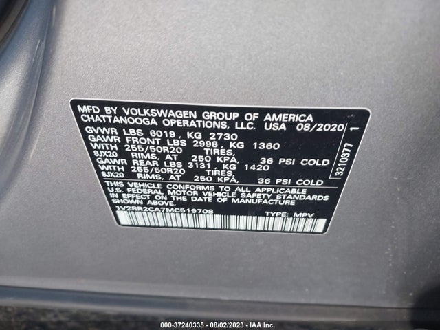 1V2RR2CA7MC519708 Volkswagen Atlas 3.6l V6 Se W