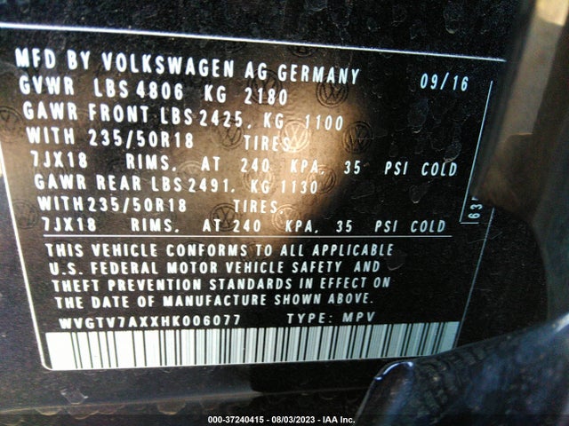 WVGTV7AXXHK006077 Volkswagen Tiguan Sport
